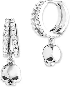 Harley-Davidson Women'S Willie G Skull Double Pave Crystal Hoop Earrings, Silver