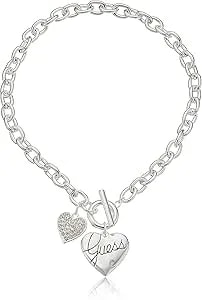 Guess "Basic" Silver Logo Heart And Pave Heart Toggle Pendant Necklace