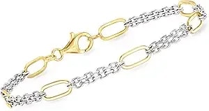 Ross-Simons Sterling Silver And 18kt Gold Over Sterling Cable And Paper Clip Link Station Bracelet