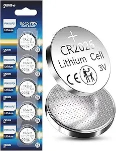 Philips cr2025 3v Lithium Button Cell Battery, 5 Pack, 10 Year Shelf Life, Stable Discharge, Child Resistant Packaging Works With Key Fob, Smart Lock & Household Electronics