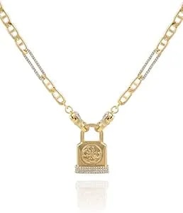Guess Womens Gold-Tone Chain Necklace Logo Padlock Pendant
