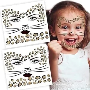 Glitter Leopard Tattoo Stickers - Halloween Temporary Tattoos (2pcs), Realistic Animal Skin Stickers For Lion & Tiger Costumes, Jungle Safari Makeup, Face/Body Art Halloween Party Decor
