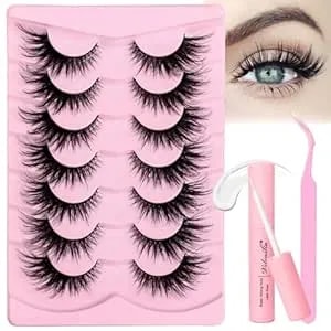 Veleasha Lashes Kit With Glue & Tweezer Cat Eye Lashes That Look Like Extensions Fluffy Faux Mink Lashes Wispy Lashes Natural Look 7 Pairs Fake Eyelashes Pack (Cat Eye)