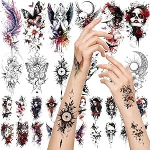 Xmasir 64 Watercolor Temporary Tattoo Stickers, 24 Sheets Large Arm Animals Flower Fake Tattoos, 40 Pcs Small Skull Butterfly Tattoo Stickers Dark 3d For Men And Wome