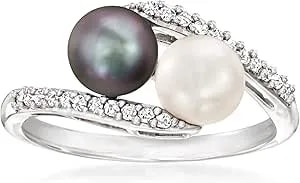 Ross-Simons 6-6.5mm Black And White Cultured Pearl And .13 Ct. T.W. Diamond Bypass Ring In Sterling Silver