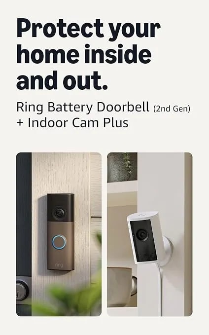 Ring Battery Doorbell (Newest Model), Matte Mocha With Indoor Cam Plus, White