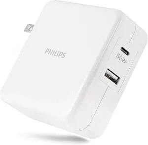 Philips Iphone Charger Fast Charging, 60W USB C 2-Port USB C Charging Block, Foldable Fast Wall Charger For Iphone 16 Series, 15 Series, Ipad Pro, White DLP2607Q/37