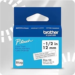 Brother Genuine P-Touch Btag btag135 White On Clear Label Tape ~1/2in By 13.1ft (12mm X 4m). (Works Only With Brother Pt-n10, Pt-n20, Pt-n25bt Label Makers)