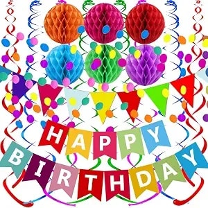 Happy Birthday Banner With Colorful Paper Flag Bunting Paper Circle Confetti Garland Swirl Streamers Honeycomb Ball For Birthday Party Decorations