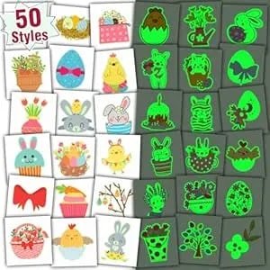 Partywind Luminous Easter Basket Essentials For Kids, 50 Styles Individually Wrapped Sheets Easter Temporary Tattoos Stickers For Kids Basket Stuffers, Party Supplies Favors