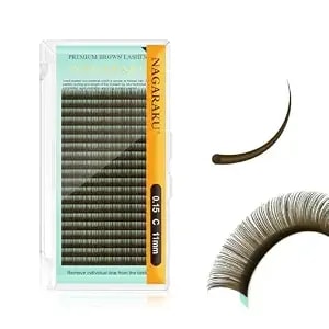 Nagaraku Natural Brown Color Individual Eyelash Extensions Classic Lashes Faux Mink Soft False Eye Lashes Supplies 20 Rows(0.15mm C Curl 11mm)