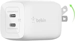 Belkin 65w Dual Usb C Charger Block, Super Fast Charging pd3.0 W/ Gan Technology - Samsung Galaxy s25, Apple Iphone 17, Air, Pro, Pro Max, Ipad, Macbook, Airpods, Nintendo Switch 2 & More - White