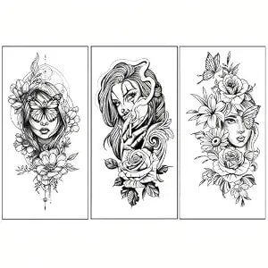 3 Sheets Large Floral Face Temporary Tattoos Lasts 5-7 Day Temporary Tattoo Halloween Cosplay Costume Party For Men Women Adults Waterproof Friction Resistant Low Reflective