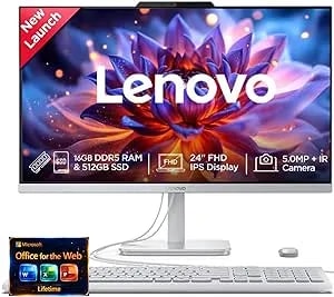 Lenovo 24" FHD All-In-One (AIO) Desktop - 16GB RAM - 512GB SSD - Intel Core - Office 365 For The Web - Stylish & Sleek - Stunning Display - Easy Task Management & Clear Calls - Fast & Quick Access