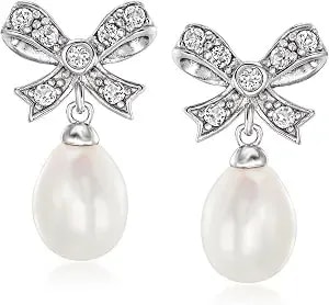 Ross-Simons 8-9mm Cultured Pearl And .30 Ct. T.W. White Topaz Bow Drop Earrings In Sterling Silver