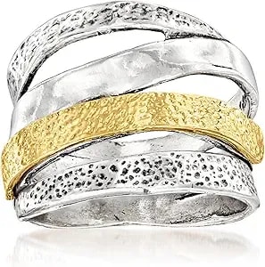 Ross-Simons Sterling Silver And 18kt Gold Over Sterling Textured And Polished Multi-Row Ring