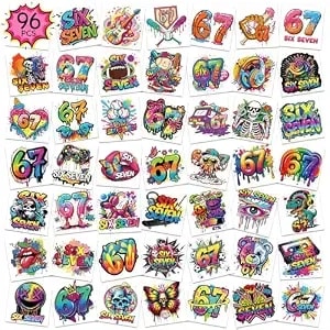 96pcs 67 Temporary Tattoos, Funny Number Meme Tattoo Stickers, Ice Cream Baseball Donut Fake Tattoos, 67 Birthday Party Favors Decorations
