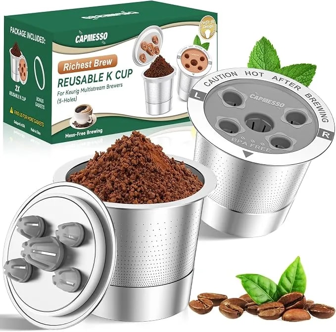 Capmesso Reusable K Cups For Keurig: 2026 Updated My K Cup Metal Coffee Filter Refillable Coffee Pods With 5 Holes - For K Supreme/K Slim/K-Duo gen2/K-Brew Chill With Multistream Technology (2 Pack)