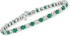 Ross-Simons 4.10 Ct. T.W. Emerald And 1.00 Ct. T.W. Diamond Tennis Bracelet In Sterling Silver