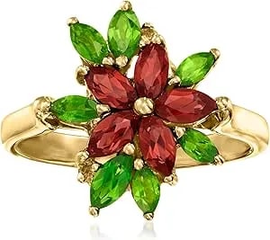 Ross-Simons 1.20 Ct. T.W. Garnet And .90 Ct. T.W. Chrome Diopside Flower Ring With Citrines In 18kt Gold Over Sterling