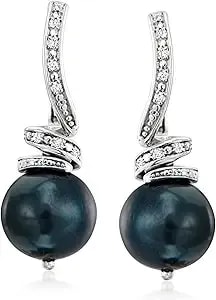 Ross-Simons 10-11mm Black Cultured Pearl And .10 Ct. T.W. Diamond Drop Earrings In Sterling Silver