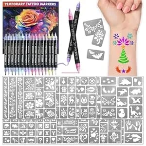 Temporary Tattoo Markers For Skin, Dual-End 16 Body Markers + 169 Holiday Tattoo Stencils, Glitter Matte Tattoo Pens Make Bold And Fine Lines, Diy Body Art Party Favors For Kids Adults