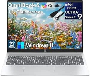 Hp Omnibook 5 Ai Pc Touchscreen Laptop, Intel Ultra 9 285h, 32gb lpddr5x Ram, 1tb Nvme Ssd, 16” Ips, Intel Arc 140t, Wifi 6e, Backlit Keyboard, Windows 11 Home, Copilot+ Ready, Type C rj45 Cable