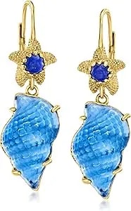 Ross-Simons Italian Tagliamonte Blue Venetian Glass Seashell Drop Earrings With Lapis In 18kt Gold Over Sterling