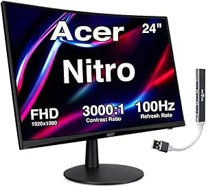 Acer Nitro 24" Curved Gaming Monitor, Freesync 100 Hz FHD 1500R Curve Zeroframe Design With 1ms Response Time, VESA Mount (100mm), VGA, HDMI & Dockztorm USB Port Expander, Black (2025 Latest Model)