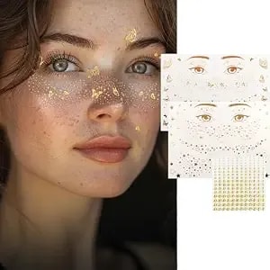 Gold Glitter Freckles Face Tattoo Sparkle Face Makeup Patches Metallic Sticker Temporary Transfer Tattoo Parties Decor For Halloween Christmas Women Makeup Dancer Costume 3 Sheets 1 Set