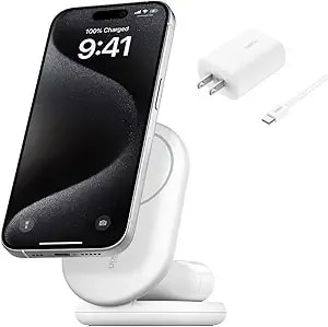Belkin Magsafe-Compatible Charger, 2-In-1 Magnetic Foldable Charger 15w - qi2-Certified Wireless Charging For Apple Iphone 16, Apple Watch, Samsung Galaxy s25 W/Non-Slip Base, Psu Included - White