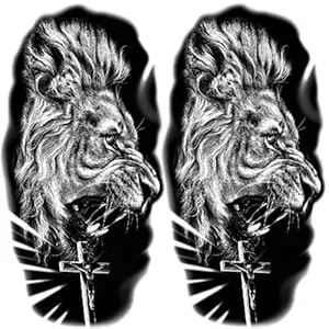 2 Sheet Lion Cross Temporary Tattoos For Men - Black And Grey Lion With Jesus Cross Waterproof Fake Tattoo Stickers, Realistic Half Sleeve Arm Leg Chest Body Art