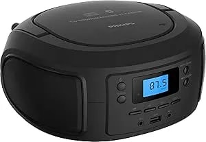 Philips Cd Player Portable With Bluetooth, Crystal Clear Sound Top Loading Cd Boombox With Fm Radio, Usb Port & Aux Input, Compact & Lightweight Design,R/Cd-Rw/mp3 Compatible (Black)