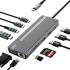 Acer 11 In 1 USB C HUB Multiport Adapter With 4K@60Hz HDMI, 2x10Gbps USB C, 2x5Gbps USB A, 100W PD Port, 1000Mbps Ethernet, 1080P VGA, SD/TF, Laptop Docking Station Dual Monitor For PC, Desktop