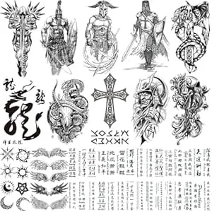 Verkstad Black Realistic Temporary Tattoos For Men Women, Waterproof Half Sleeve Fake Tattoos For Boys Girls, Warrior Wing Cross Dragon Letter Totem Tattoo Kits For Parties Festivals Cosplay