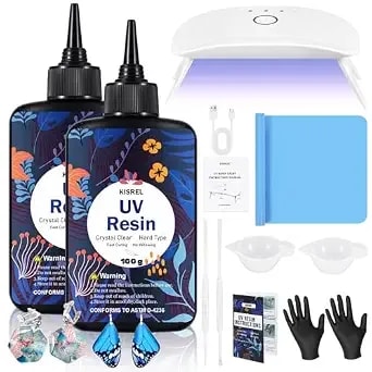 Kisrel Uv Resin With Light - 200g Upgraded Hard Type Crystal Clear Ultraviolet Curing Uv Resin Kit, 8 Lamp Beads Uv Light, Resin Kit With Light For Craft Jewelry Making