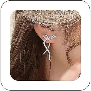 Vintage Crystal Bow Earrings Rhinestone Bow Drop Earrings Long Cz Rhinestone Earrings Gold Bow Cz Stud Earrings Jewelry For Women