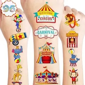 96pcs Carnival Circus Colorful Animals Temporary Tattoos Theme Birthday Party Decorations Supplies Favors Decor Cute Ticket Booth Clown Tattoo Stickers Gifts For Games Kids Boys Girls Prizes Christmas