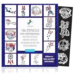 Ingala Premium Artistic Glitter Tattoo Set - 146 Unique Designs For Kids, Teens & Adults. Suitable For Henna, Airbrush & Face Painting