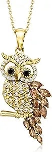 Ross-Simons 1.00 Ct. T.W. Smoky Quartz, .50 Ct. T.W. White Zircon And .10 Ct. T.W. Black Spinel Owl Pendant Necklace In 18kt Gold Over Sterling. 18 Inches