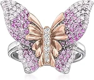 Ross-Simons 0.80 Ct. T.W. Simulated Pink Sapphire Butterfly Ring With Czs In Sterling Silver And 18kt Rose Gold Over Sterling