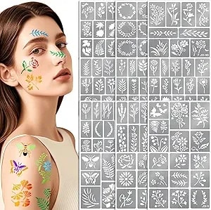 142 Pcs Botanical Wildflowertemporary Tattoo Stencils For Kids Adult Flowers Leaves Plants For Diy Drawing Wood Rock Crafts Wall Door Painting School Art Projects, Body Face Paint Stencils Template