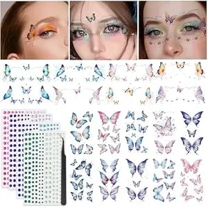 20 Sheets Glitter Butterfly Temporary Tattoos,4 Sheets Self Adhesive Face Gems For Women Girl Kids Eye Face Makeup Decoration Sparkle Butterflies Party Favors Accessories