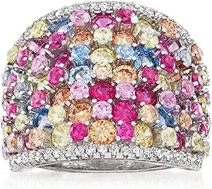 Ross-Simons 4.10 Ct. T.W. Simulated Sapphire And .20 Ct. T.W. Cz Wide Ring In Sterling Silver