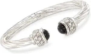 Ross-Simons Italian Onyx And 1.30 Ct. T.W. Cz Twisted Cuff Bracelet In Sterling Silver