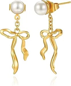 Cicy Bell Earrings For Women 18k Gold Plated Cute Bow Long Tassel Pearl Drop Dangle Earrings Trendy Ribbon Waterfall Teacher Hypoallergenic Hoop Earring Elegant Bowknot Preppy Jewelry Gifts