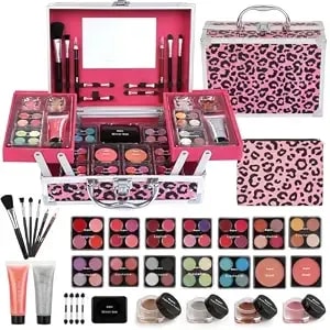 Anpro All-In-One Leopord Double Folding Makeup Kit With Case, Pro Teen Makeup Set, Full Starter Kit With Makeup Brushes, Lipsticks, Eyeshadow Palette, Blushes, Glitter Gel, Ideal Present For Girls