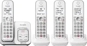Panasonic Cordless Phone With Answering Machine, Link2Cell Bluetooth Home Phones, Voice Assistant And Advanced Call Blocking, Expandable System With 4 Handsets - KX-TGD864W (White)