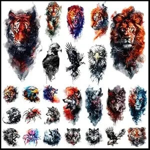 Charlent Watercolor Wild Animal Temporary Tattoos For Men Adult - 12 Sheets Half Arm Watercolor Lion Tiger Wolf Eagle Fake Tattoos,13 Sheets Small Wildlife Tattoos For Men, Festival