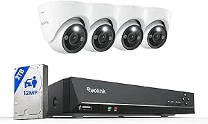 Reolink RLK8-1200D4-A 12MP Poe Security Camera System, 4pcs H.265 Surveillance IP Cameras Wired In 12 Megapixel UHD, Person Vehicle Pet Detection, Spotlight Color Night Vision, 8CH NVR With 2TB HDD